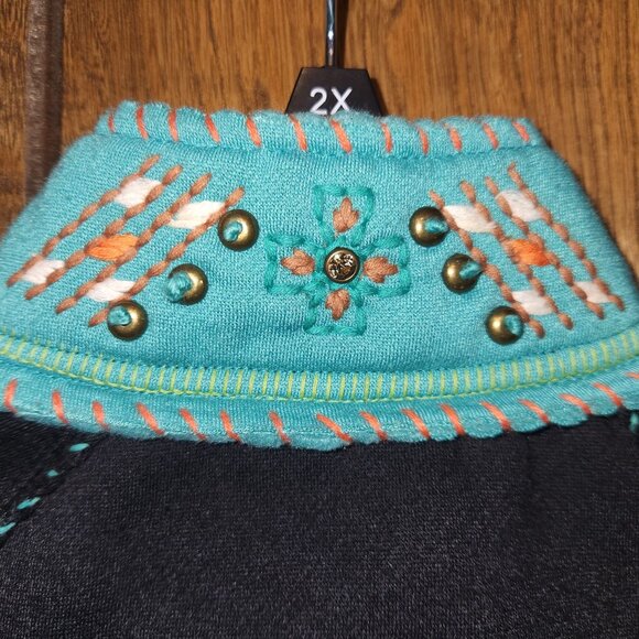 Black Southwestern Embroidered Zip-Up Jacket W/ Bull & Cross Accents Size M - Picture 6 of 8